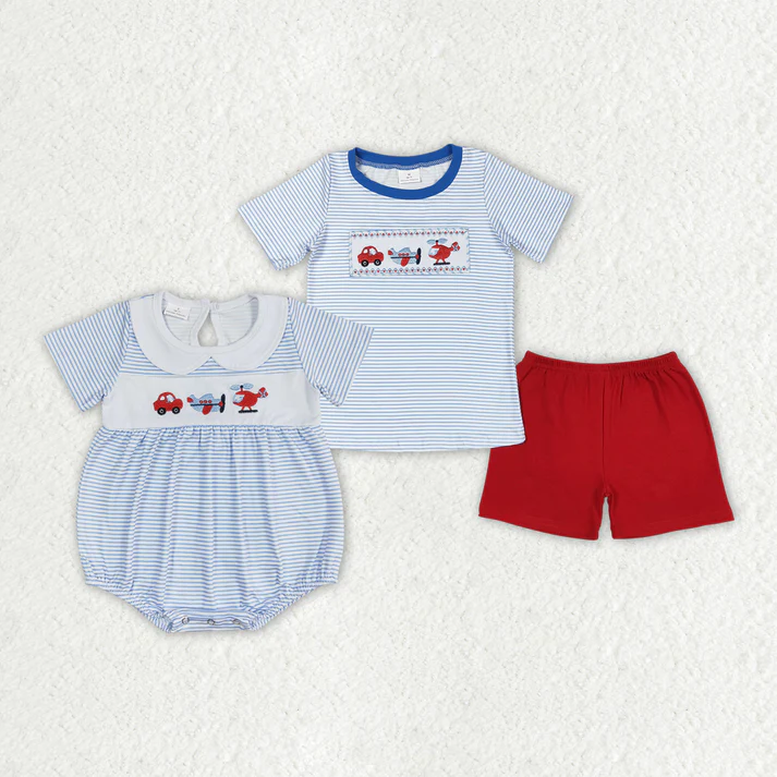 RTS Baby Boys Blue Stripes Transpotation Sibling Brother Clothes Sets