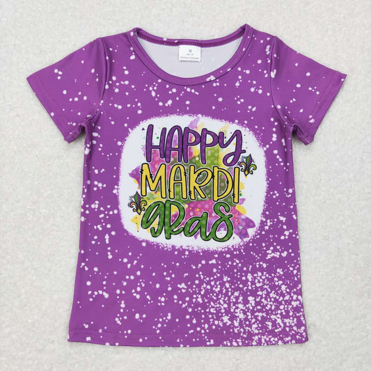 RTS NO MOQ（In Stock) GT0374 happy mardi gras letter purple short sleeve top