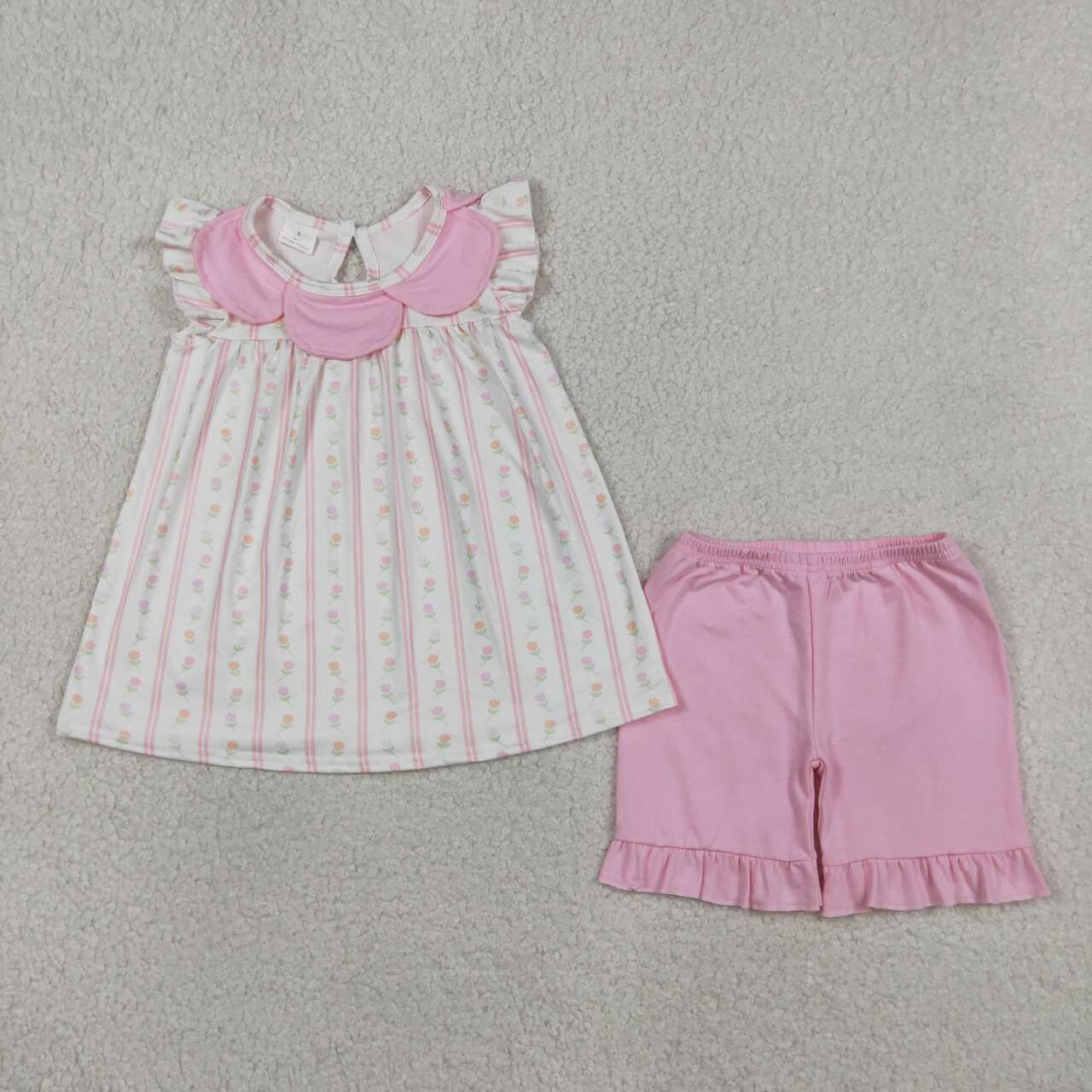 RTS NO MOQ GSSO3363 Baby Girls Pink Flowers And Stripe Collar Tunic with Ruffle Shorts Outfit Set Cute Infant Clothing
