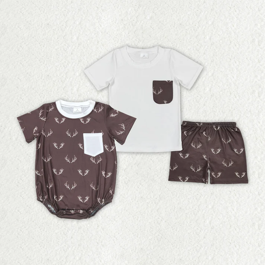 RTS NO MOQ Baby Boys Summer Sibling Brother Deer Rompers Clothes Sets