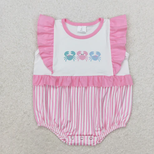 RTS NO MOQ Baby Girls Crabs Pink Summer Sibling Rompers Dresses Clothes Sets