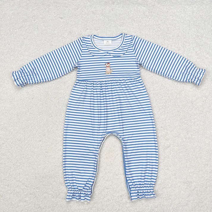 RTS NO MOQ Stripe embroideryGirls Boys Blue Stripes Dog Tops Dresses Rompers