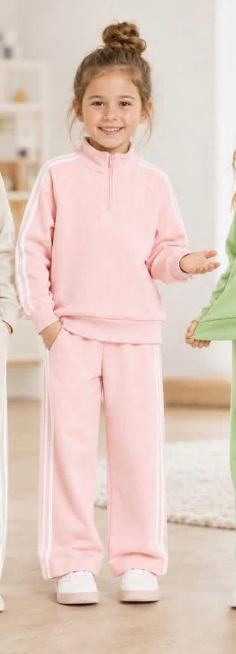 custom moq 5 mix size AY0102 Baby Girls Side White Stripe Quarter Zip Pullover And Elastic Waist Wide Leg Jogger Pants Casual Set