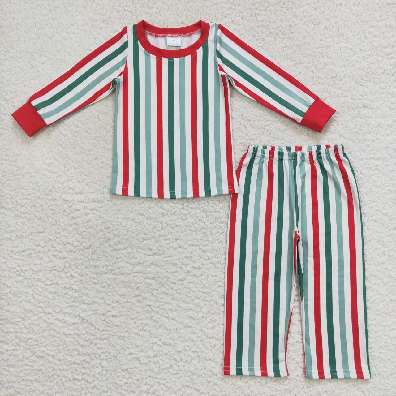 RTS NO MOQ（In Stock ) Red, green and white striped long-sleeved trousers suit