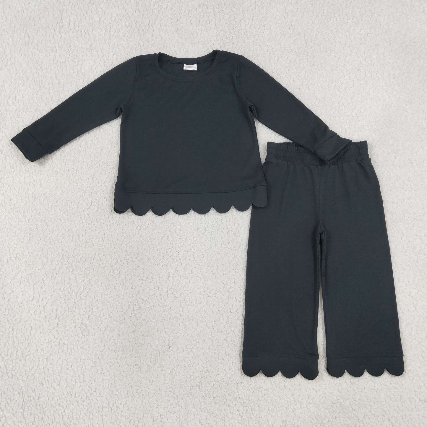 NEW RTS NO MOQ cotton GLP3290 Baby Girls Black Solid Scallop Trim Long Sleeve Top And Pants Two Piece Pajama Set