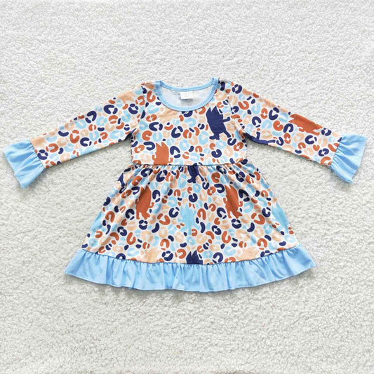 GLD0280 Cartoon dog leopard blue lace long-sleeved dress