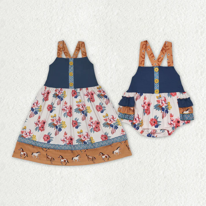 RTS Baby Girls Western Horse Flowers Sibling Sister Rompers Dresses