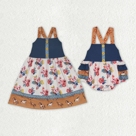 RTS Baby Girls Western Horse Flowers Sibling Sister Rompers Dresses