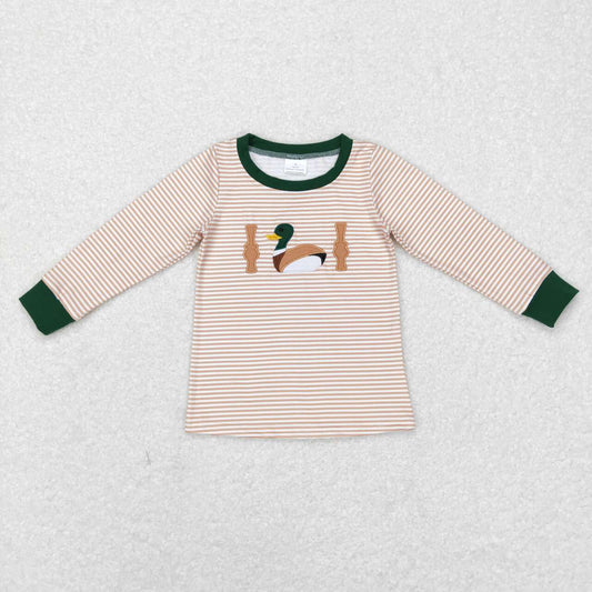 BT0418 Embroidered duck light brown striped long-sleeved top