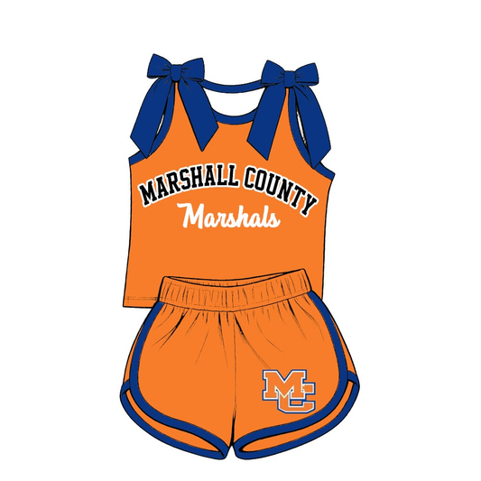 custom moq 5 mix size LEPR07 Baby Girls Blue Bow Sleeveless Orange Top Shorts Clothes Set