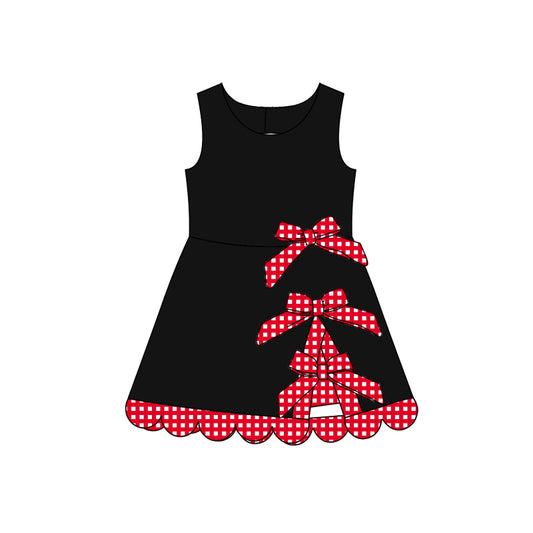 custom moq 5 mix size  LJH01 Baby Girls Solid Black Scallop Edge Crew Neck Knee Length Athletic Dress