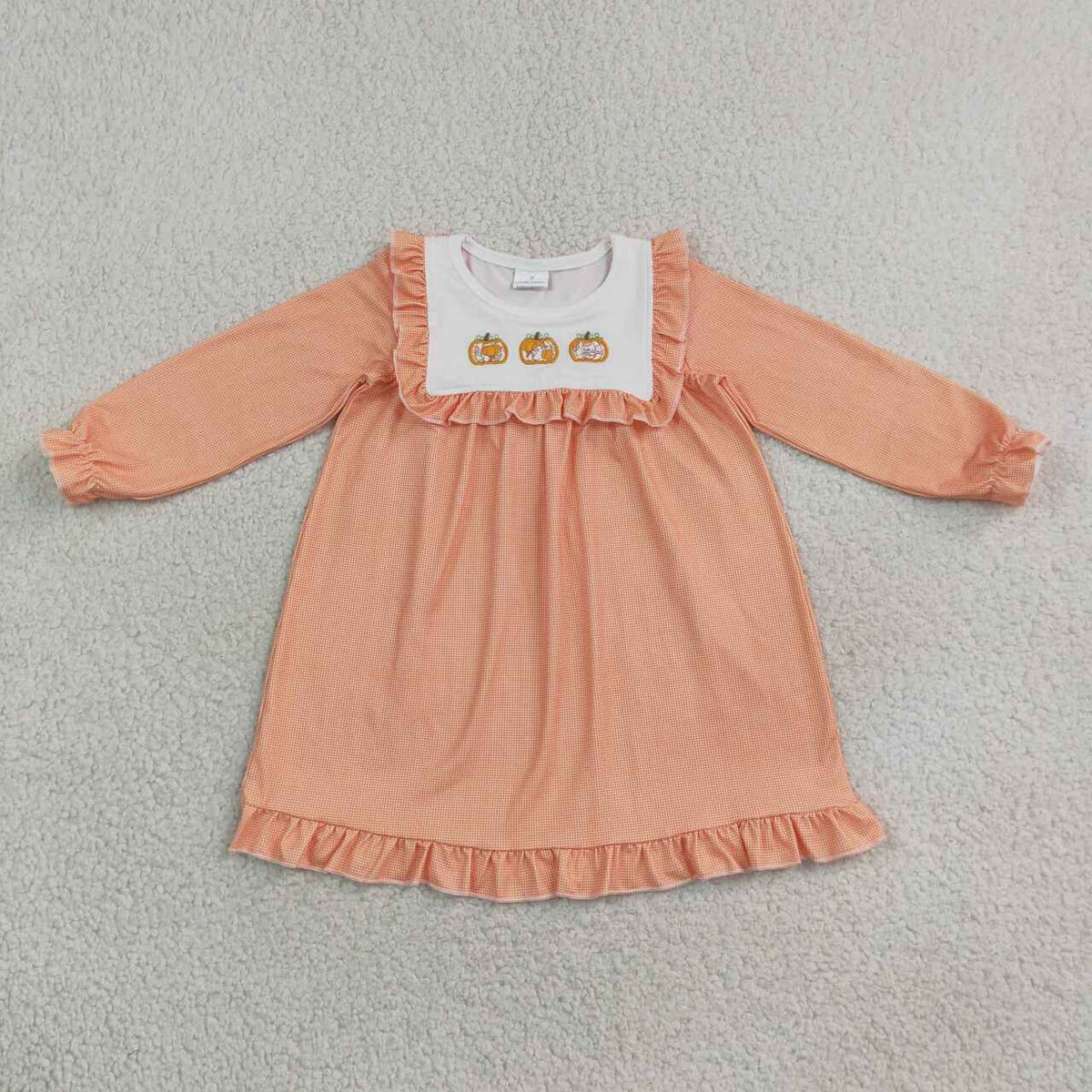 NEW RTS NO MOQ milk silk GLD1645 Embroidery Baby Girls Long Ruffle Sleeve Pumpkins Fall Ruffle Knee Length Dresses Autumn Casual Dress