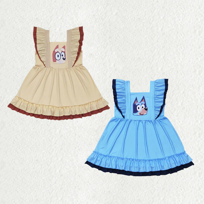RTS NO MOQ Baby Girls Dogs Ruffles Sibling Sister Knee Length Dresses