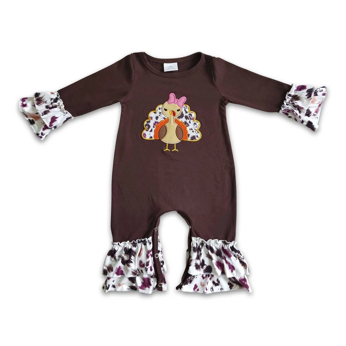 RTS NO MOQ Sibling milk silk Baby Girls Thanksgiving Turkey Print Ruffle Trim One Piece Rompers