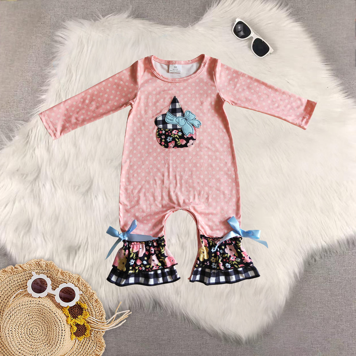 RTS NO MOQ Sibling baby girls clothes embroidery pumpkin long-sleeved trousers suit & romper