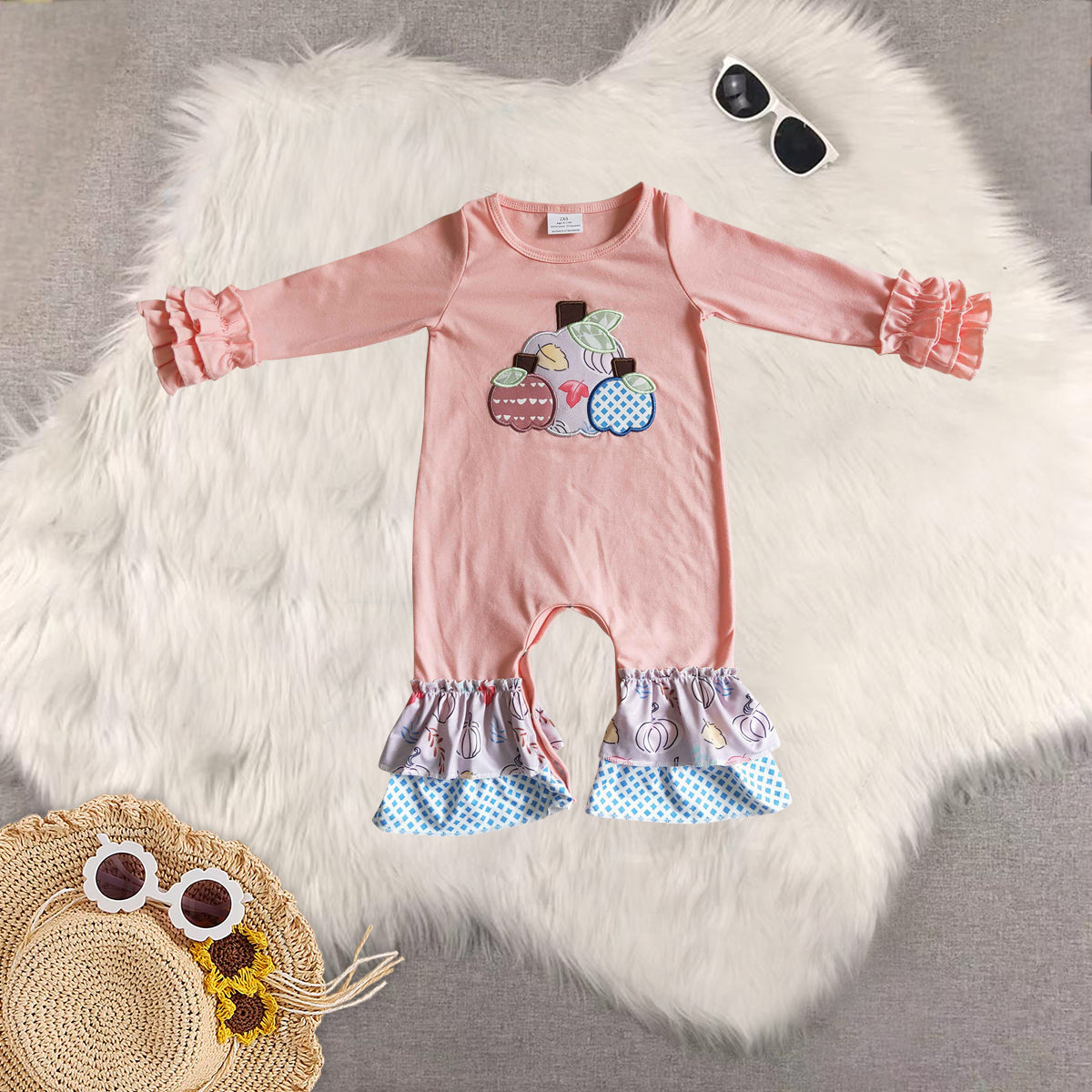 RTS NO MOQ Sibling baby girls clothes embroidery pumpkin long-sleeved trousers suit & romper