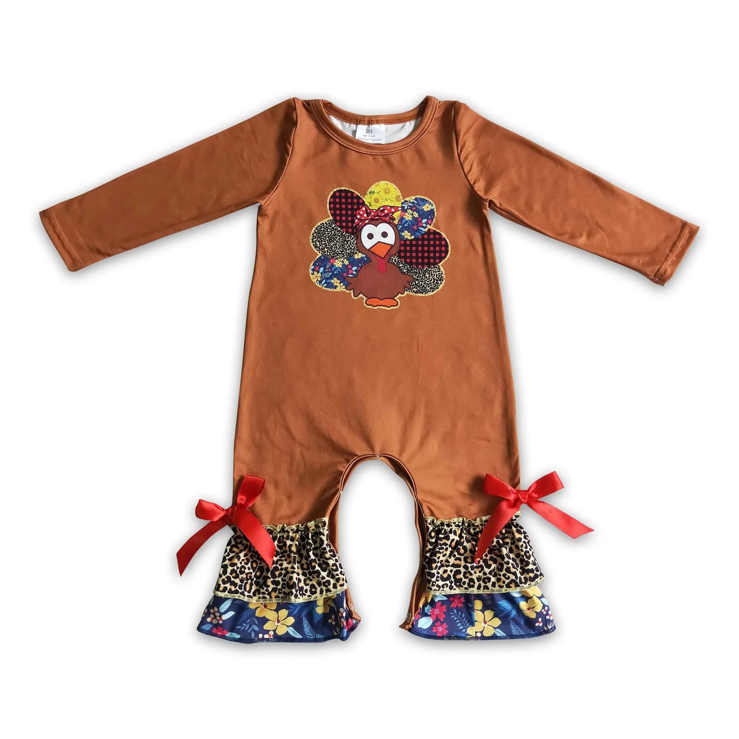 RTS NO MOQ Sibling milk silk Baby Girls Thanksgiving Turkey Print Ruffle Trim One Piece Rompers