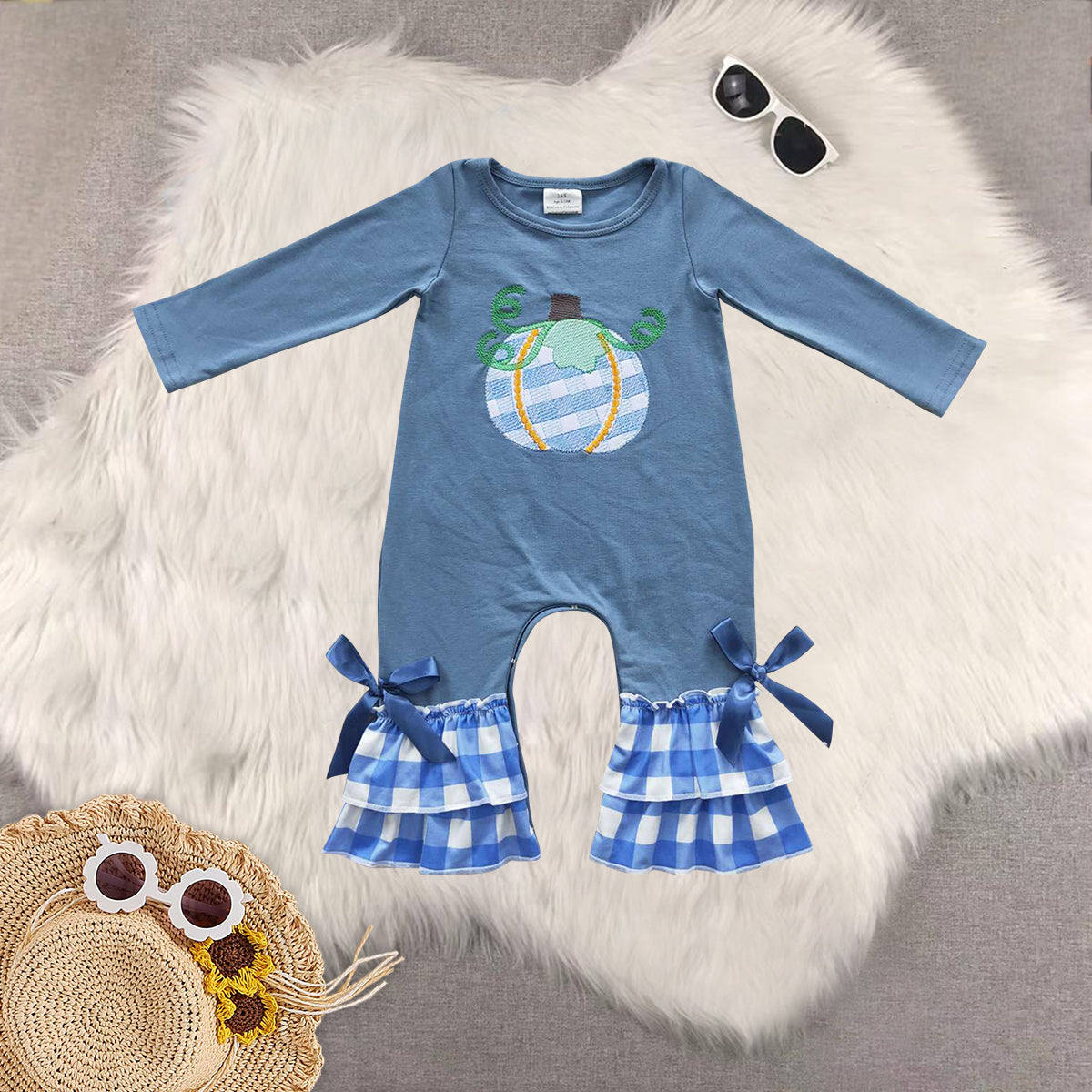 RTS NO MOQ Sibling Baby girls boy clothes embroidery pumpkin long-sleeved trousers suit & romper