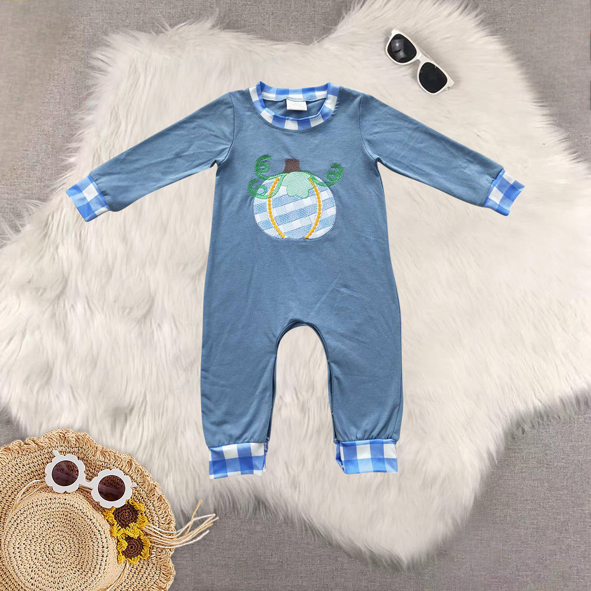 RTS NO MOQ Sibling Baby girls boy clothes embroidery pumpkin long-sleeved trousers suit & romper