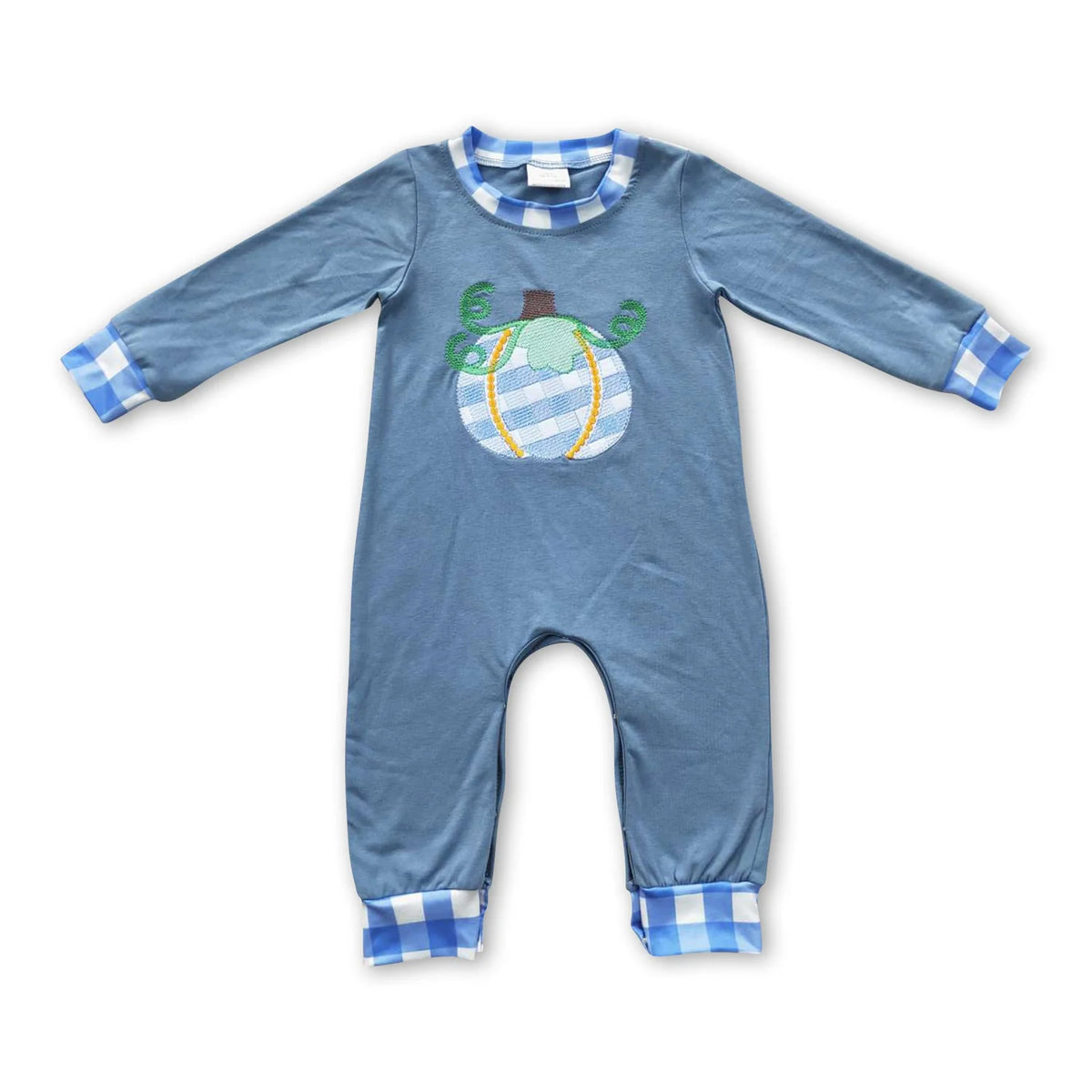 RTS NO MOQ Sibling milk silk Embroidery Baby Boys Girls Pumpkin Blue Checkered Long Sleeve Top Pants Casual Sets Rompers