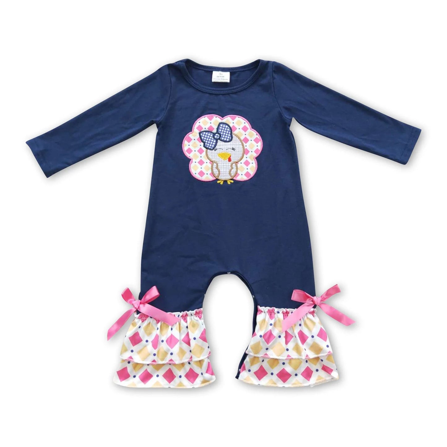 RTS NO MOQ Sibling milk silk Sibling Baby Girls Navy Turkey Print Top Ruffle Pants Two Piece Clothes Sets Rompers