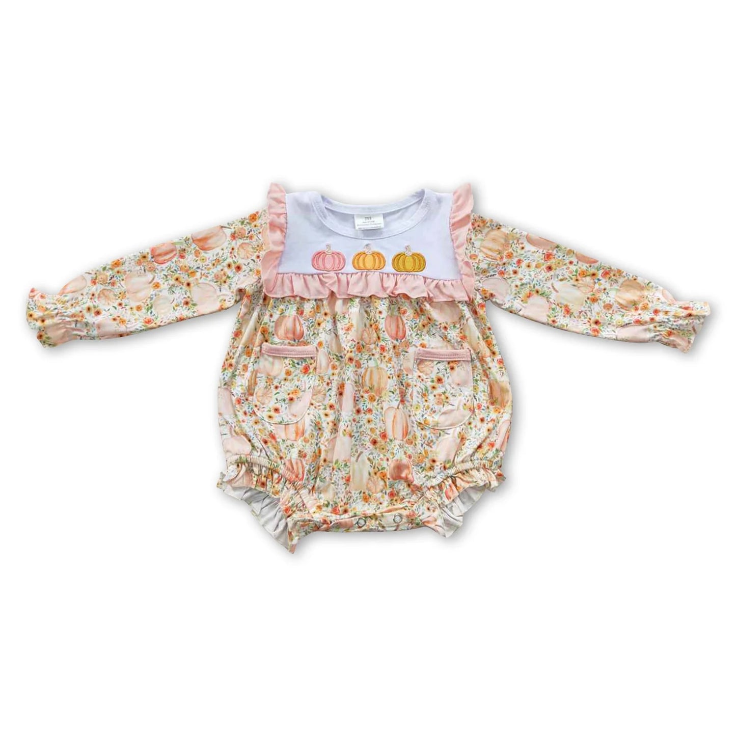 RTS NO MOQ Sibling milk silk Baby Girls Embroidery Turkey Pumpkin Floral Long Sleeve Ruffle Rompers