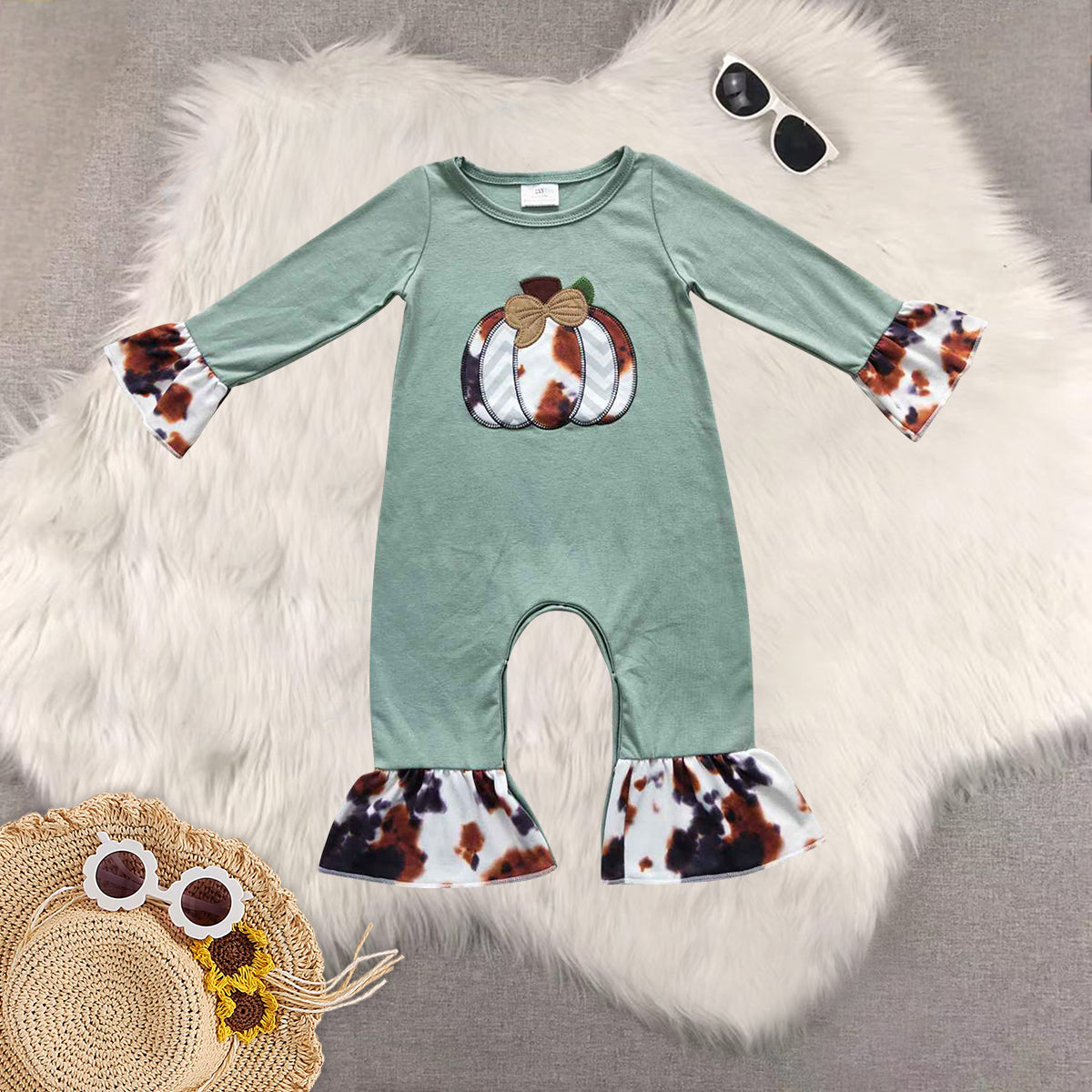 RTS NO MOQ Sibling Baby girls halloween pumpkin long-sleeved trousers suit & romper