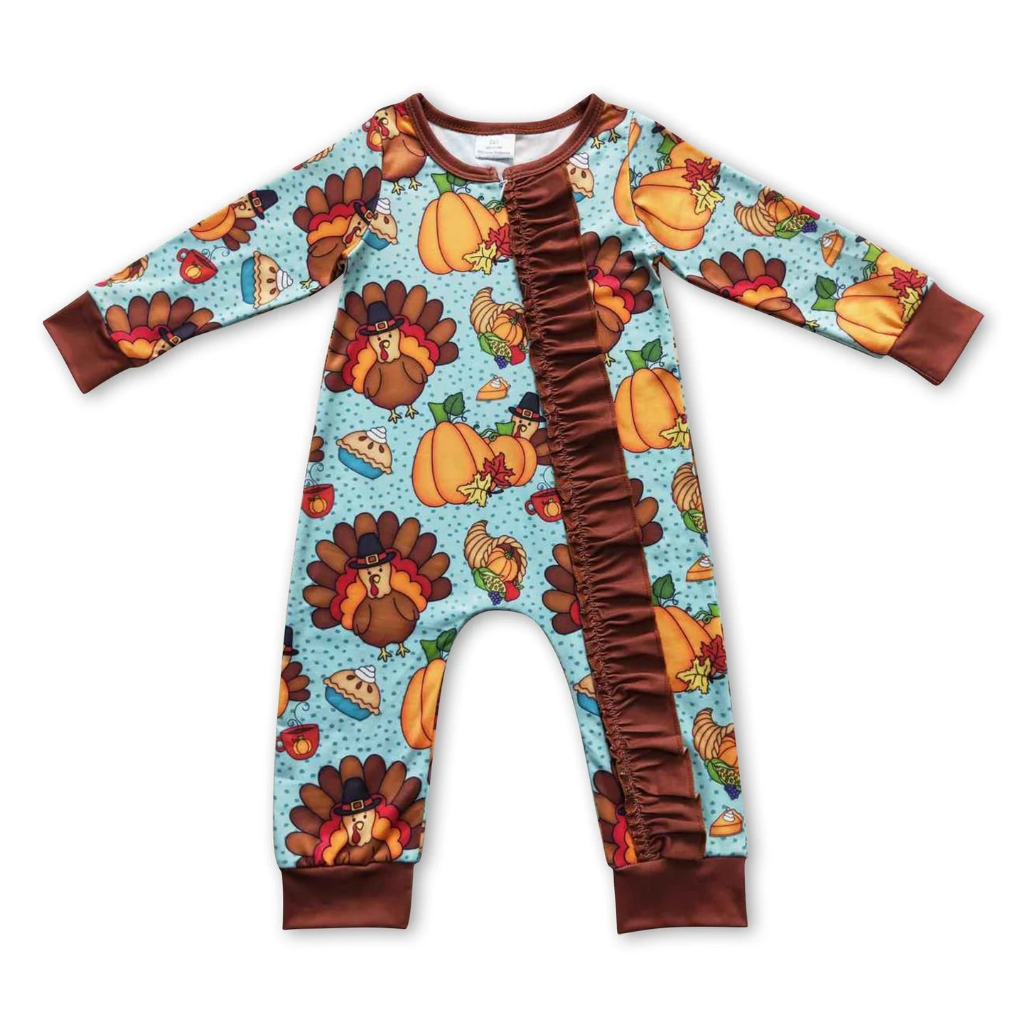 RTS NO MOQ Sibling milk silk Baby Cute Autumn Turkey Zipper Long Sleeve Rompers Holiday Outfit