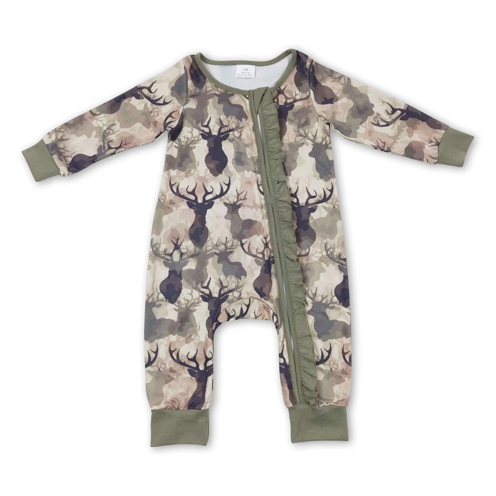 RTS NO MOQ Sibling milk silk Baby Boys Girls Deer Camo Long Sleeve Ruffle Top Pants Pajamas Set And Zipper Romper