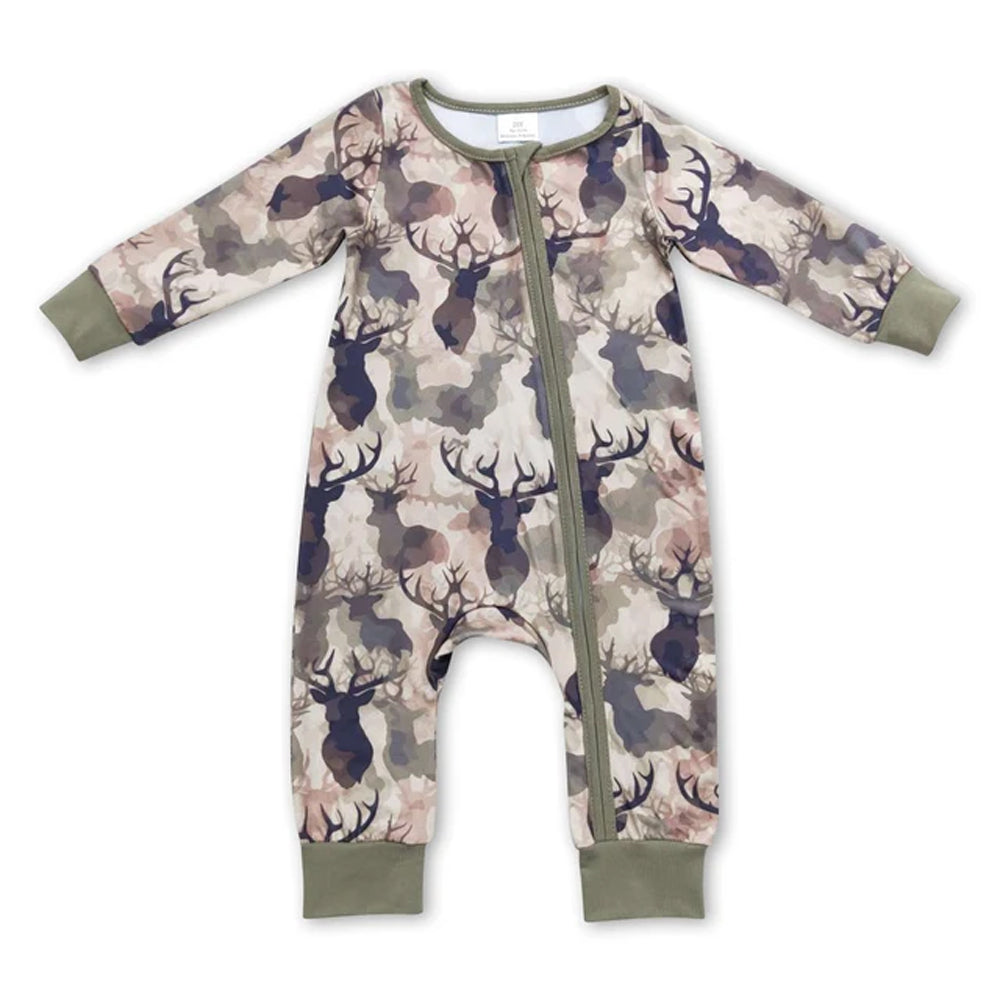 RTS NO MOQ Sibling milk silk Baby Boys Girls Deer Camo Long Sleeve Ruffle Top Pants Pajamas Set And Zipper Romper