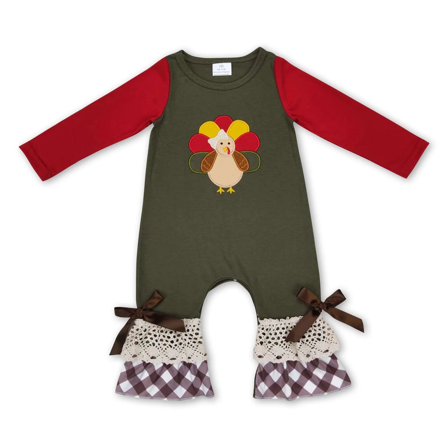 RTS NO MOQ Sibling milk silk Baby Girls Thanksgiving Turkey Print Ruffle Trim One Piece Rompers