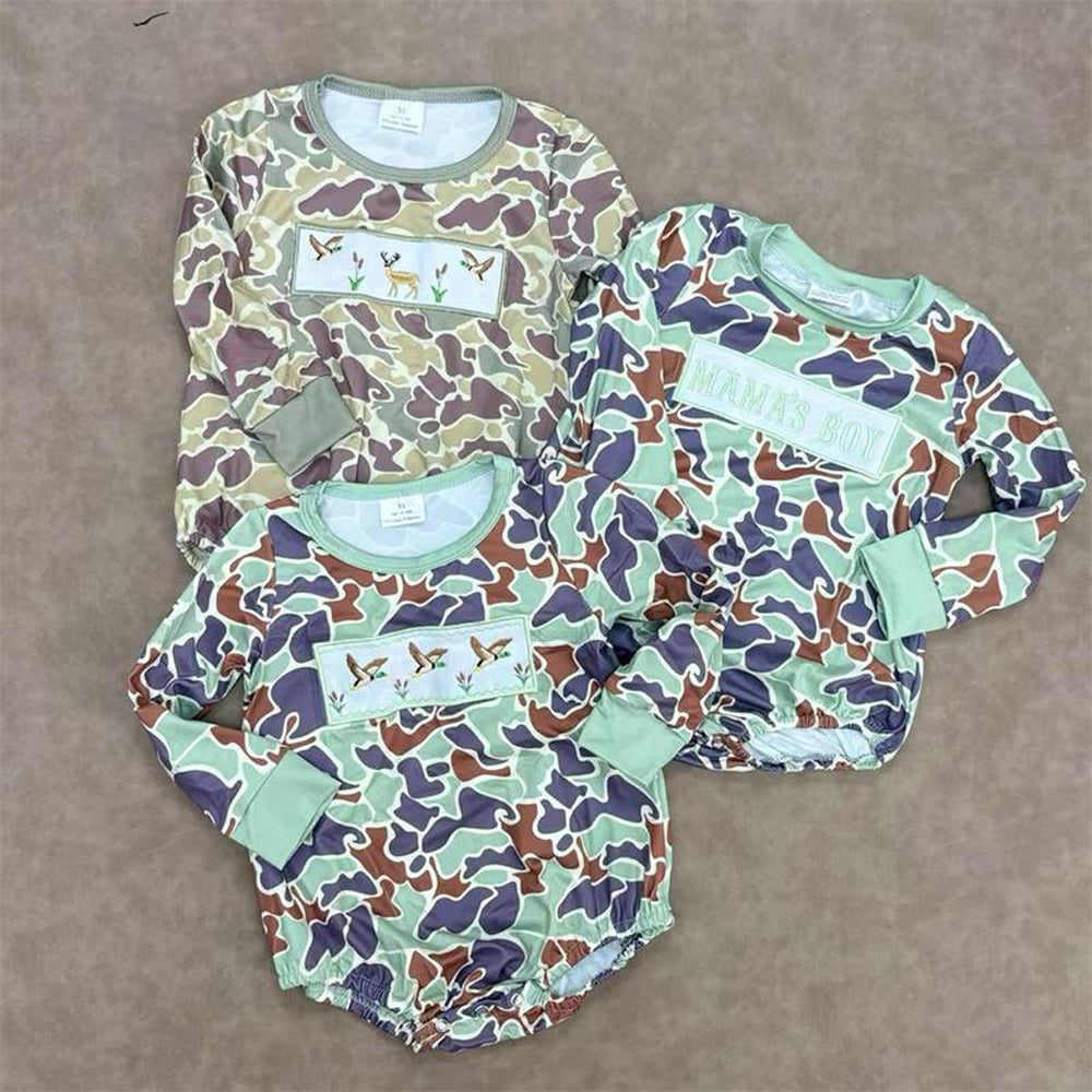 RTS NO MOQ Sibling baby boy clothes Embroidered duck camouflage Long Sleeve Top & Climbing Suit