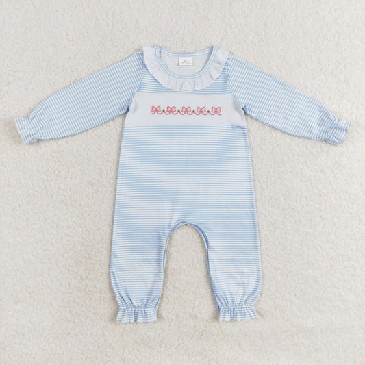 rts no moq LR0941 Embroidered bow pattern white lace blue striped long sleeve jumpsuit GSD1038