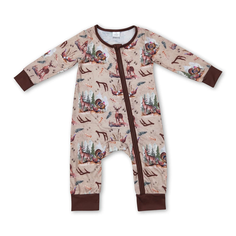 RTS NO MOQ Sibling milk silk Baby Boys Deer Print Zipper Romper And Short Sleeve Pajama Set