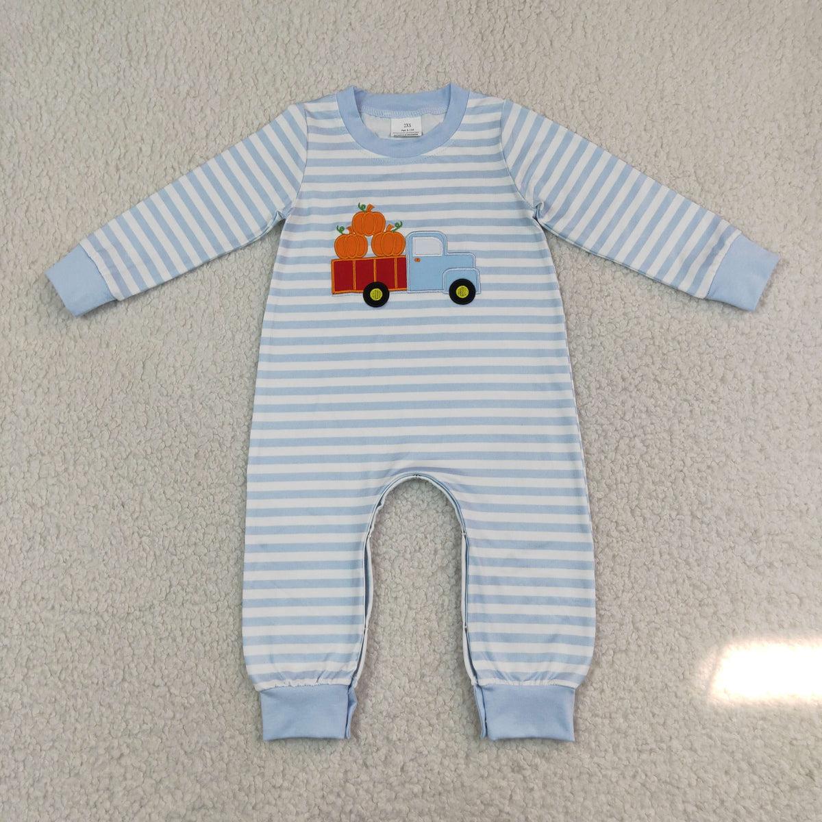 RTS NO MOQ Sibling milk silk Embroidery Baby Boys Light Blue White Stripe Long Sleeve Fall Rompers