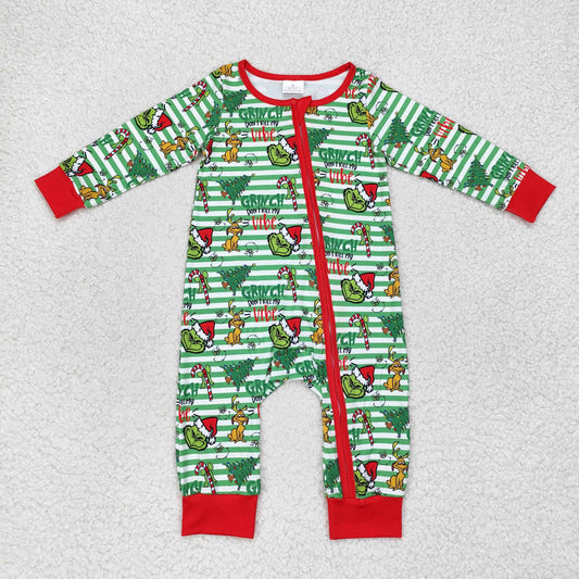rts no moq LR1055 Grinch puppy Christmas tree green striped zipper long sleeve jumpsuit