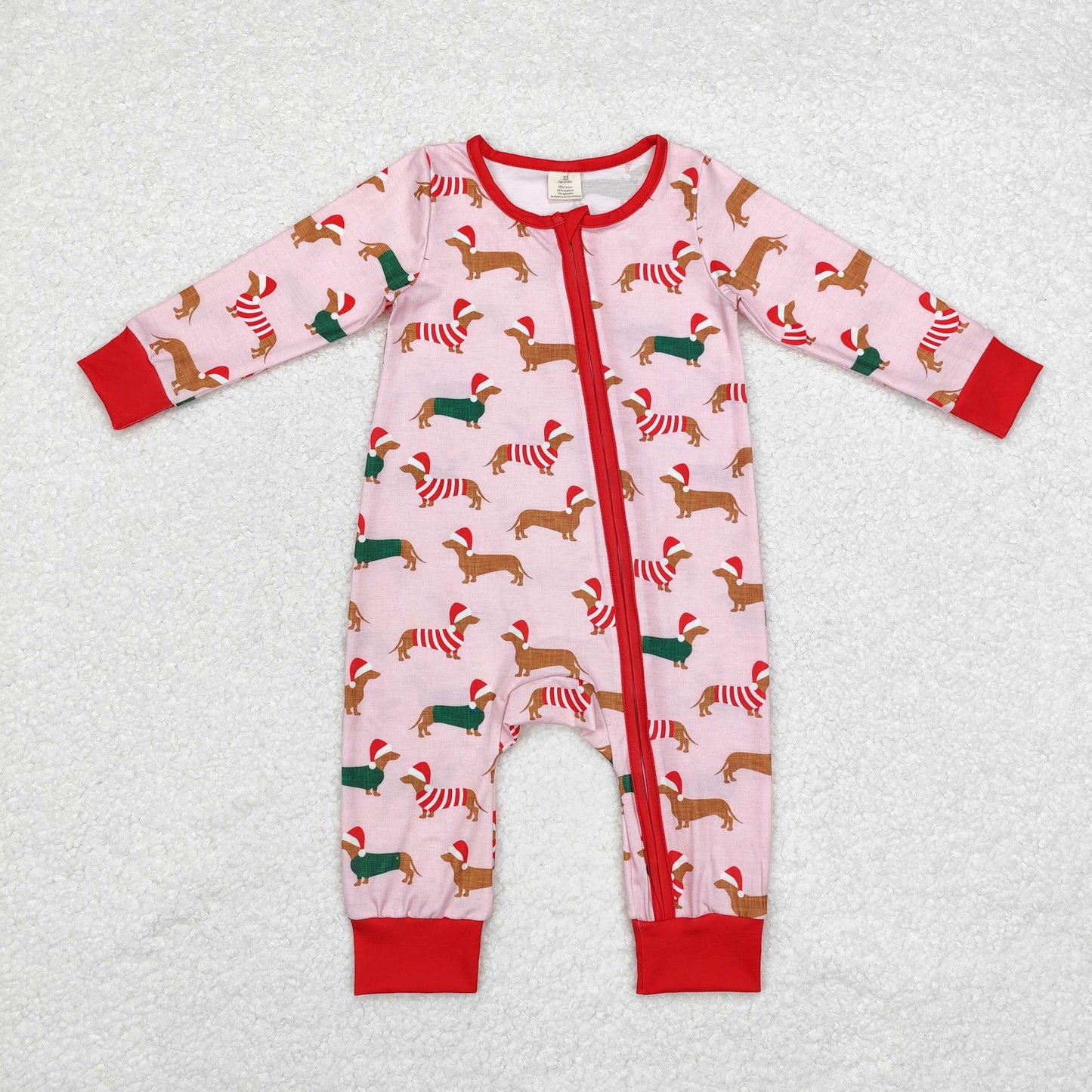 RTS NO MOQ（In Stock) LR1081 Modal Christmas hat puppy pink zippered long-sleeved jumpsuit