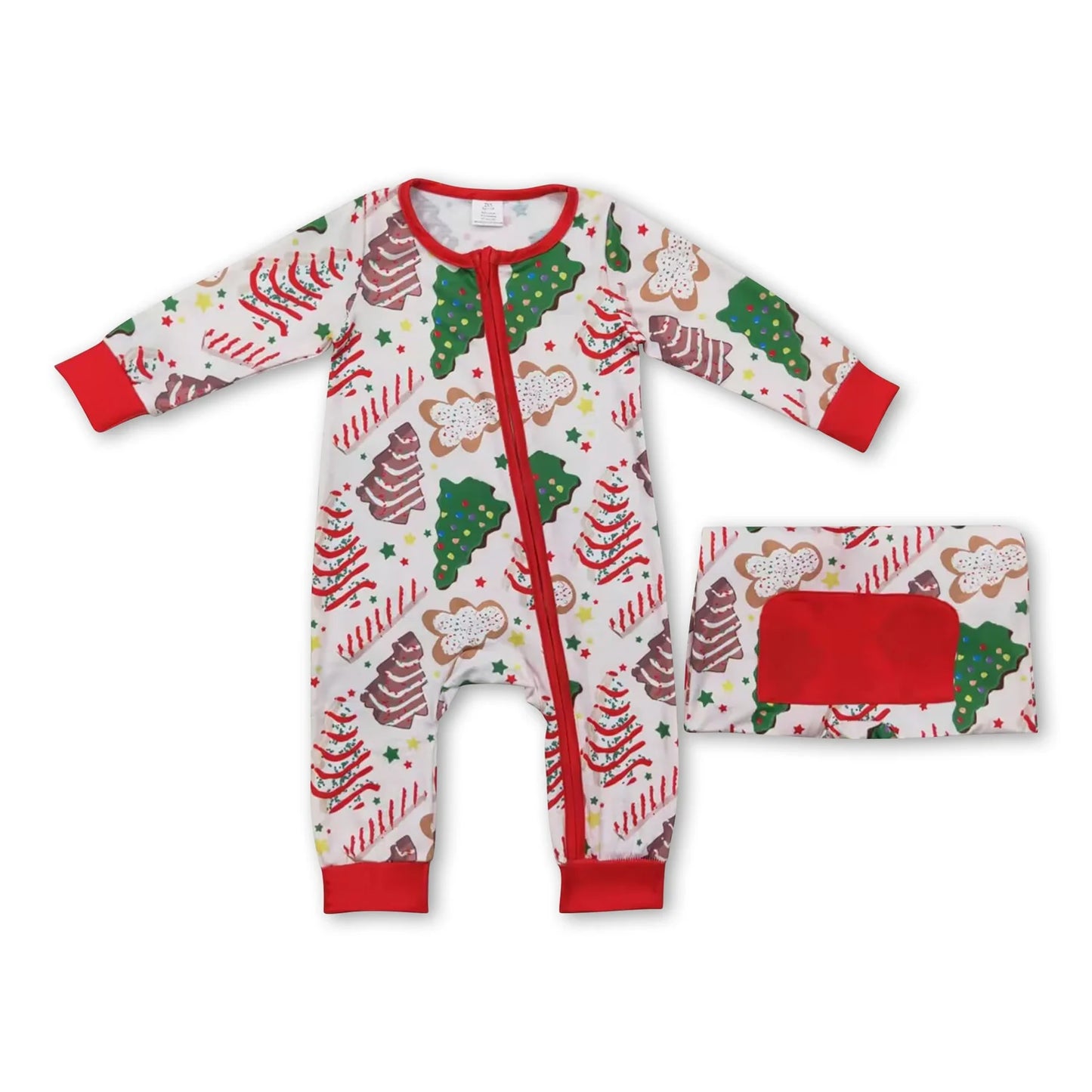 RTS NO MOQ Sibling milk silk Baby Boys Girls Christmas Tree Cake Print Bamboo Fabric Zip Up Rompers