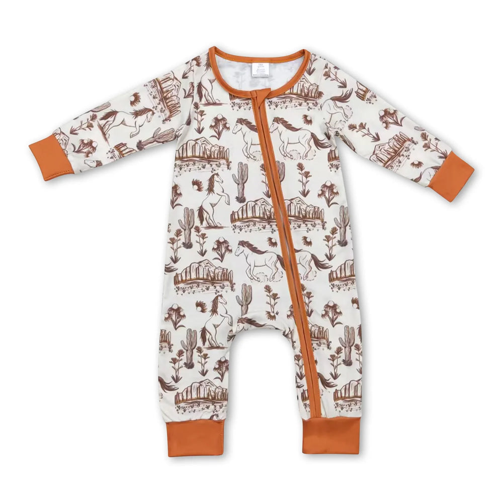 RTS NO MOQ Sibling milk silk Baby Boys Western Horse Cactus Print Hooded Shirt And Zipper Long Sleeve Romper