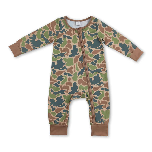 RTS NO MOQ Sibling milk silk Sibling Baby Boys Bamboo Southern Camo Dogs Ducks Hunting Zip Rompers