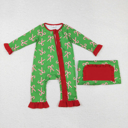 RTS NO MOQ ETA 5/7days arrived LR1236 Santa Claus cane red lace green zipper long-sleeved jumpsuit