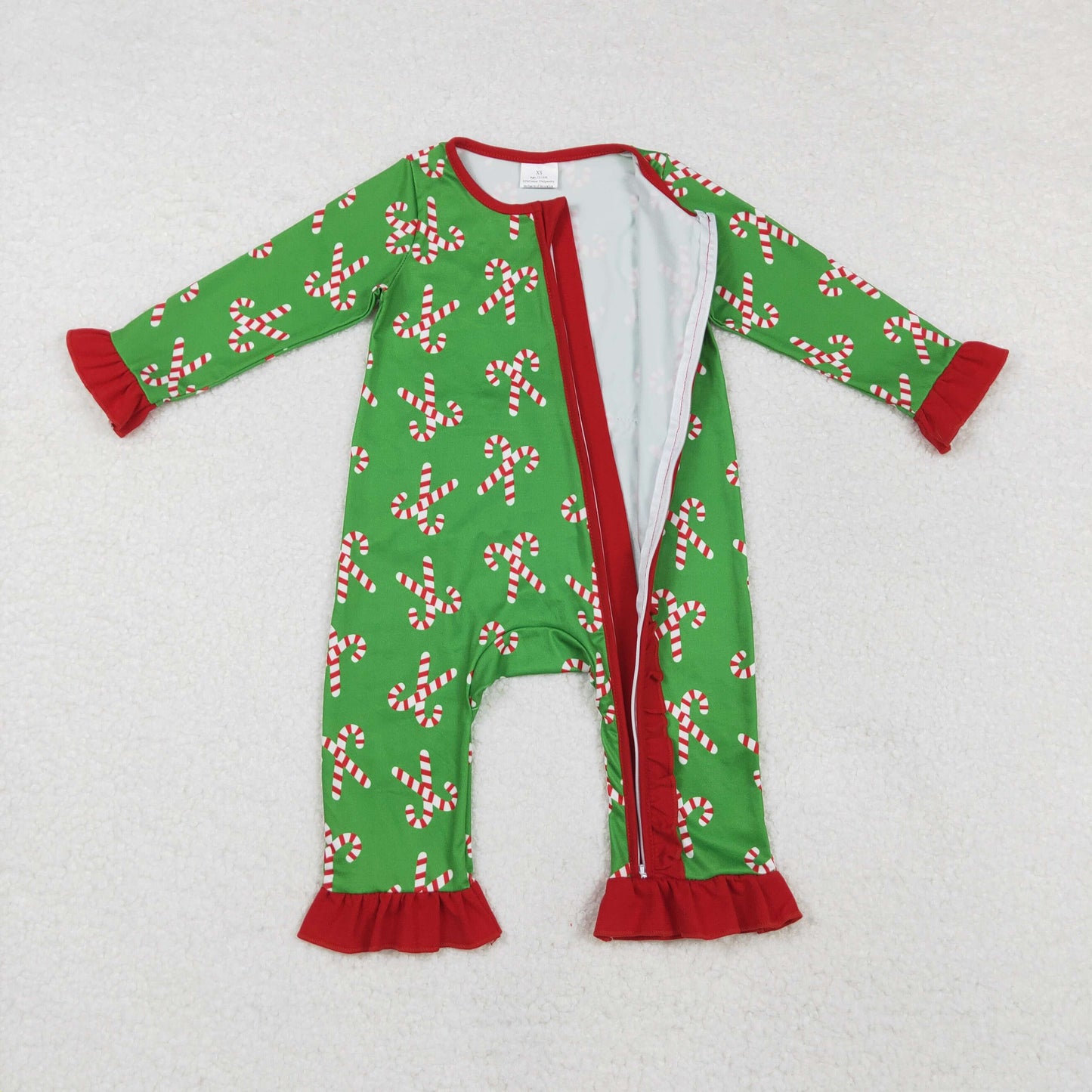 RTS NO MOQ（In Stock) LR1236 Santa Claus cane red lace green zipper long-sleeved jumpsuit