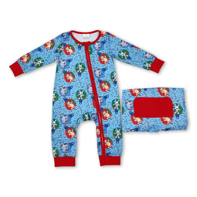 RTS NO MOQ Sibling milk silk Baby Boys Girls Christmas Tree Cake Print Bamboo Fabric Zip Up Rompers