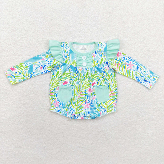 rts no moq LR1353 Seagrass Blue Green Pocket Lace Long Sleeve Bodysuit