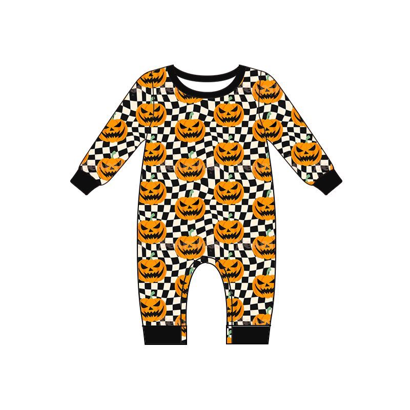 (Pre Order) No moq LR1389 Baby Boys Halloween Checkered Pumpkin Full Long Sleeve Romper