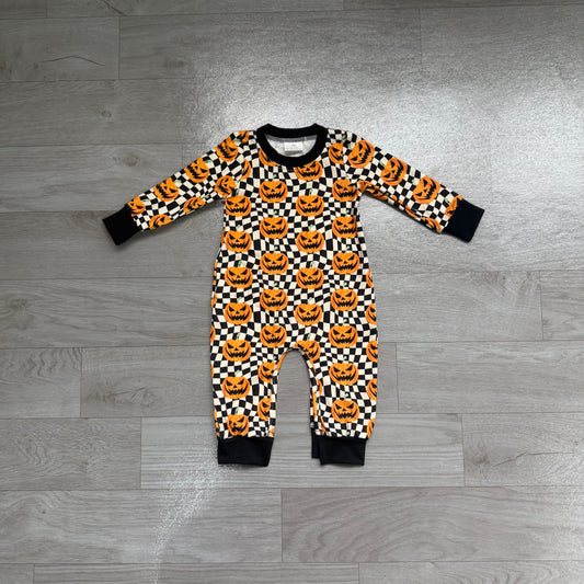 (Sample) No moq milk silk LR1389 Baby Boys Halloween Checkered Pumpkin Full Long Sleeve Romper