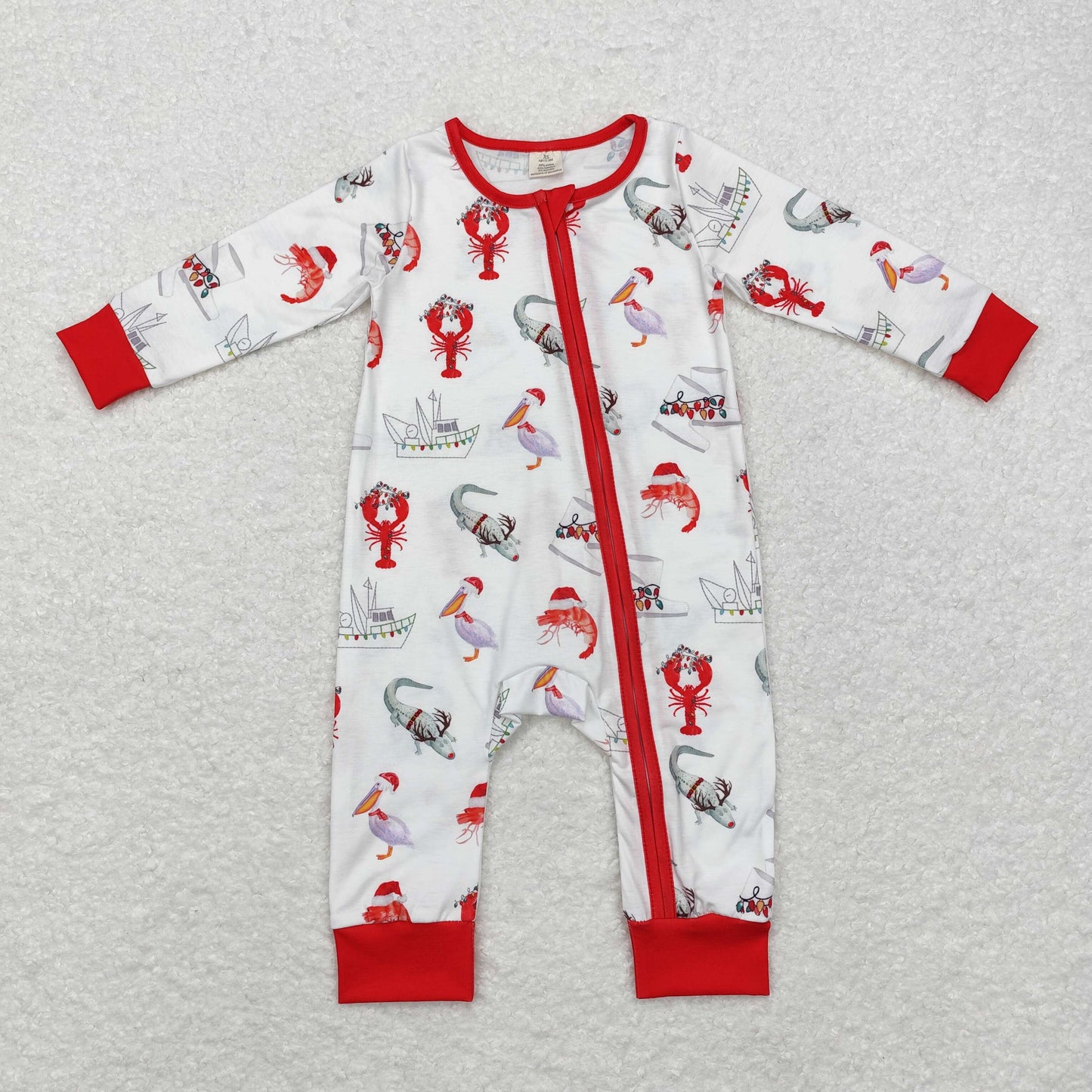 RTS NO MOQ（In Stock) Modal ship crayfish crocodile red and white zipper long-sleeved jumpsuit
