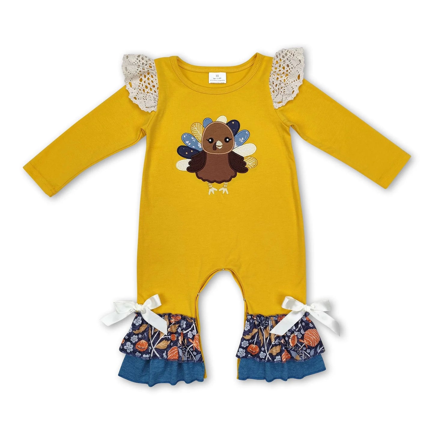 RTS NO MOQ Sibling milk silk Baby Girls Thanksgiving Turkey Print Ruffle Trim One Piece Rompers