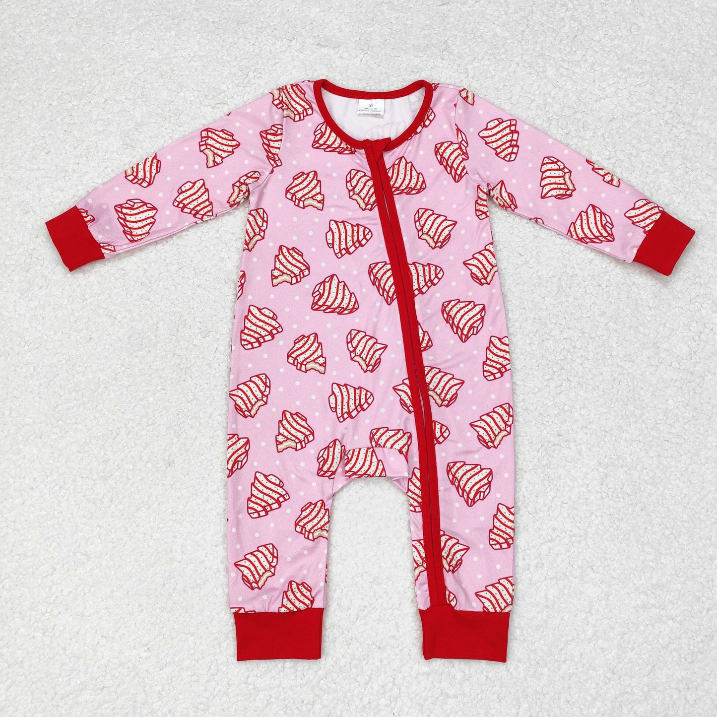 RTS NO MOQ（In Stock ) LR1428 New Christmas Tree Cookie Polka Dot Pink Zipper Long Sleeve Bodysuit