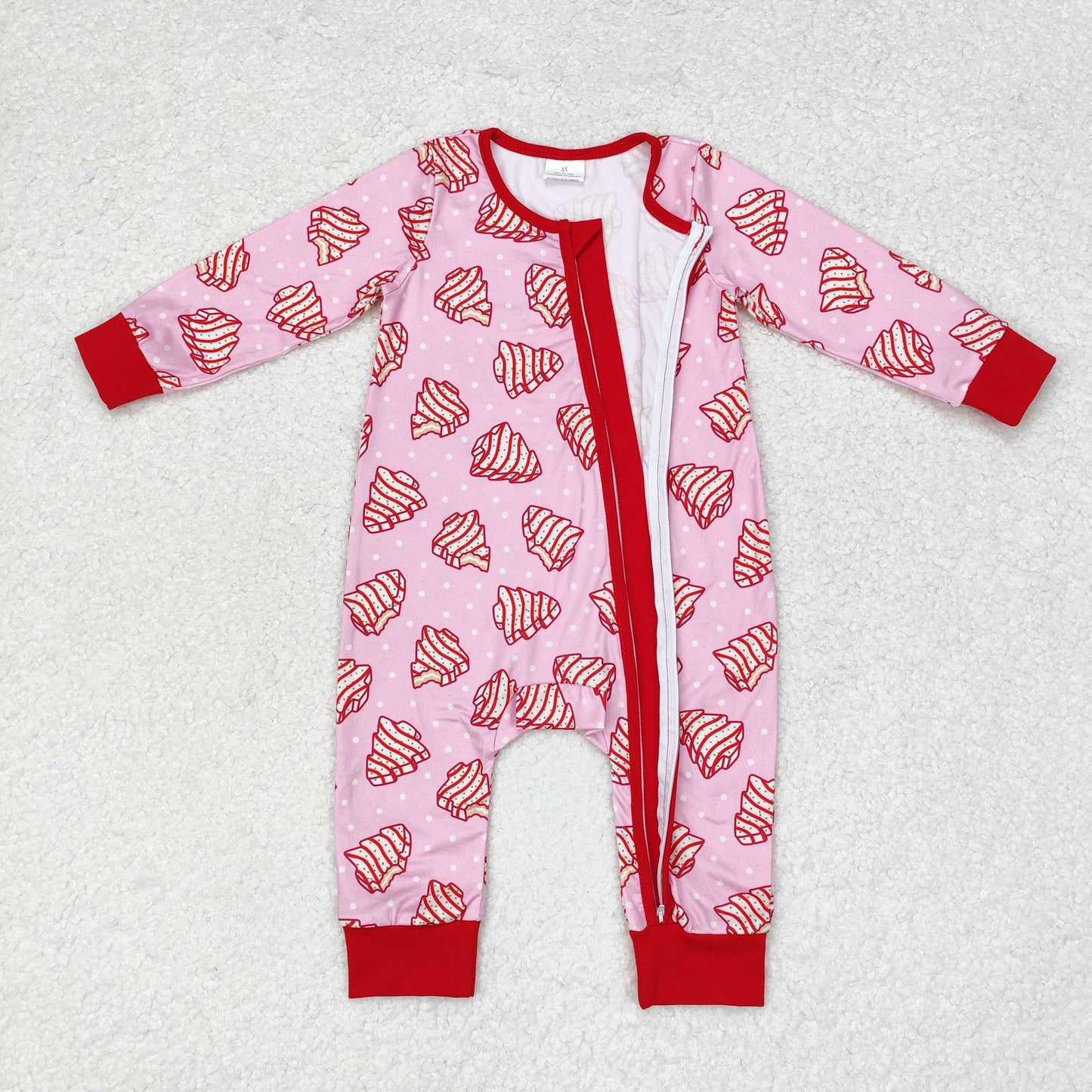 RTS NO MOQ（In Stock ) LR1428 New Christmas Tree Cookie Polka Dot Pink Zipper Long Sleeve Bodysuit